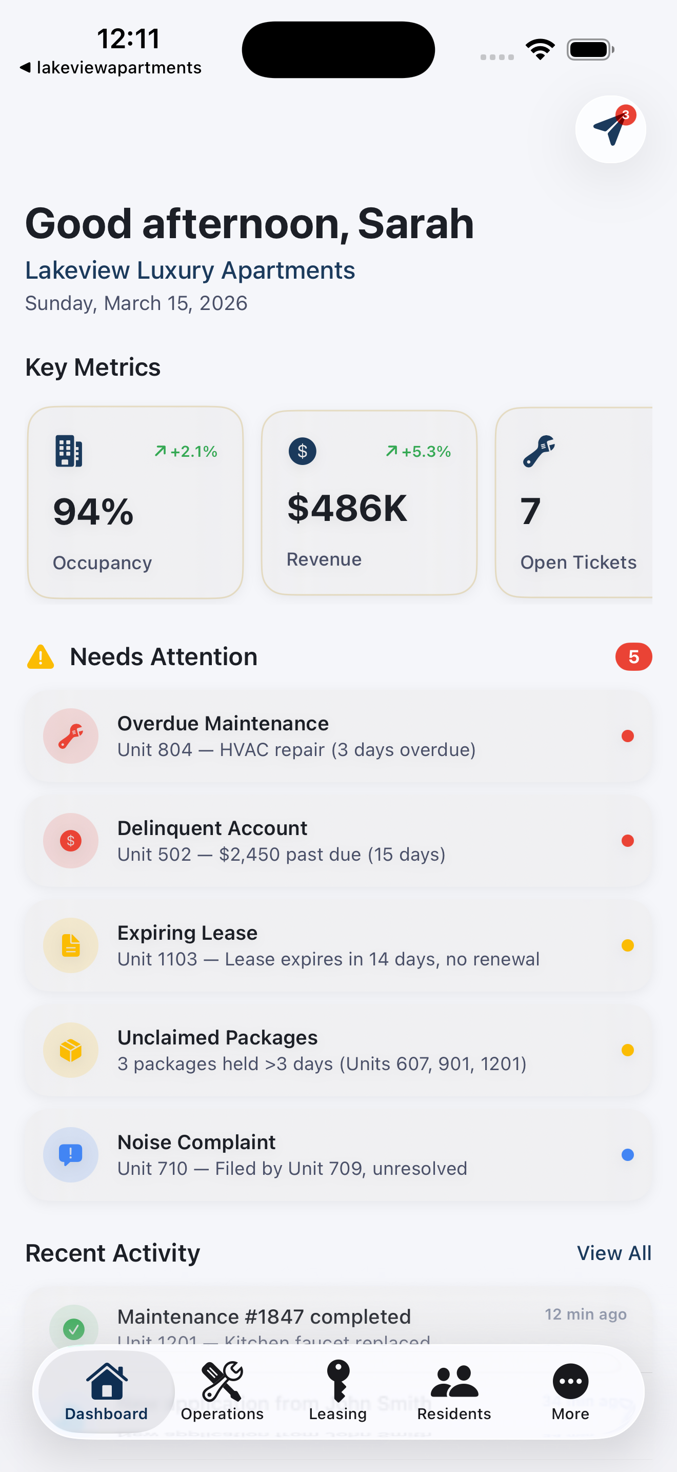 Property Manager App — Dashboard with KPIs, occupancy metrics, and maintenance queue