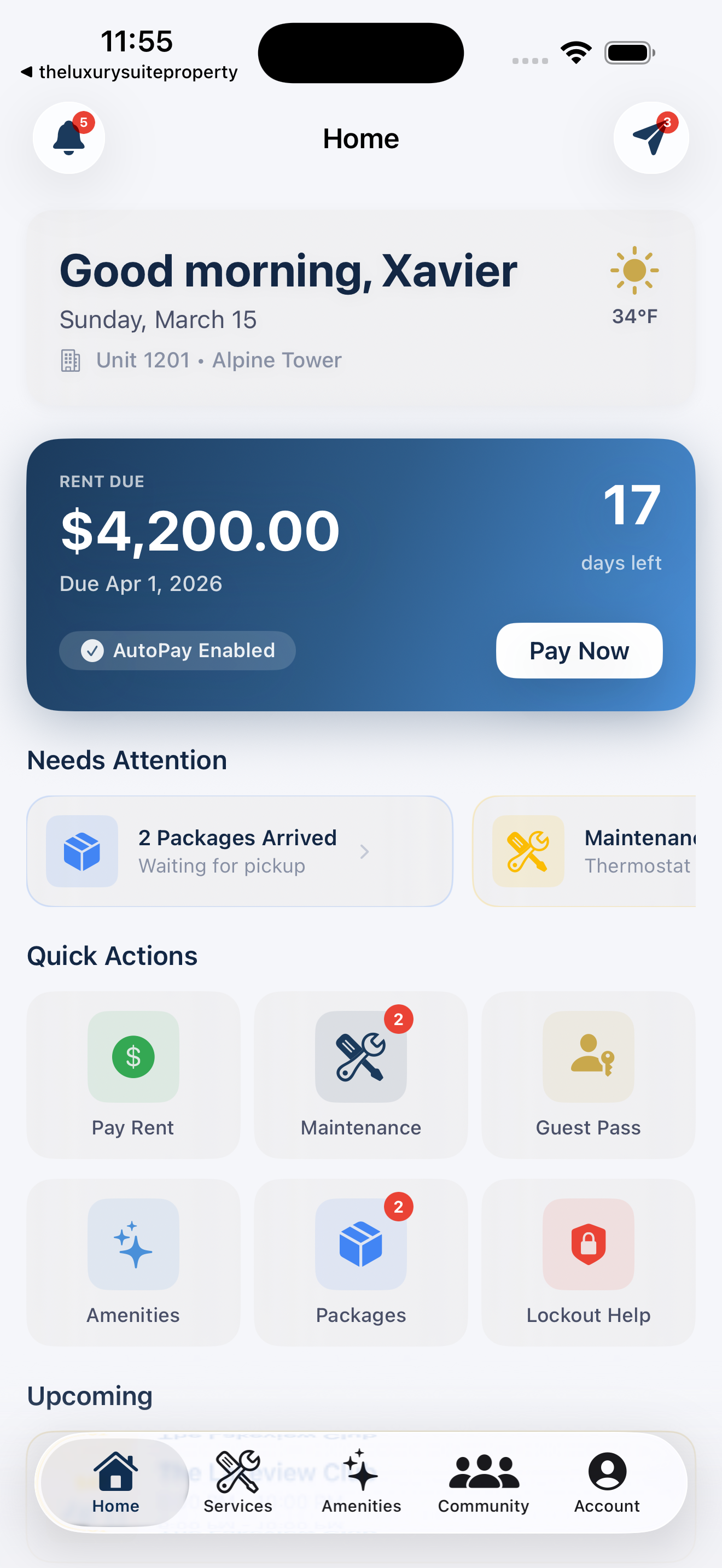 Resident App — Home screen with rent payment, quick actions, and package notifications